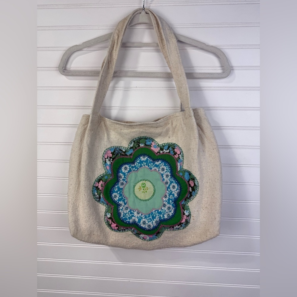 Handcrafted boho hippy Cream burlap Tote Bag with quilted Floral Appliqué.